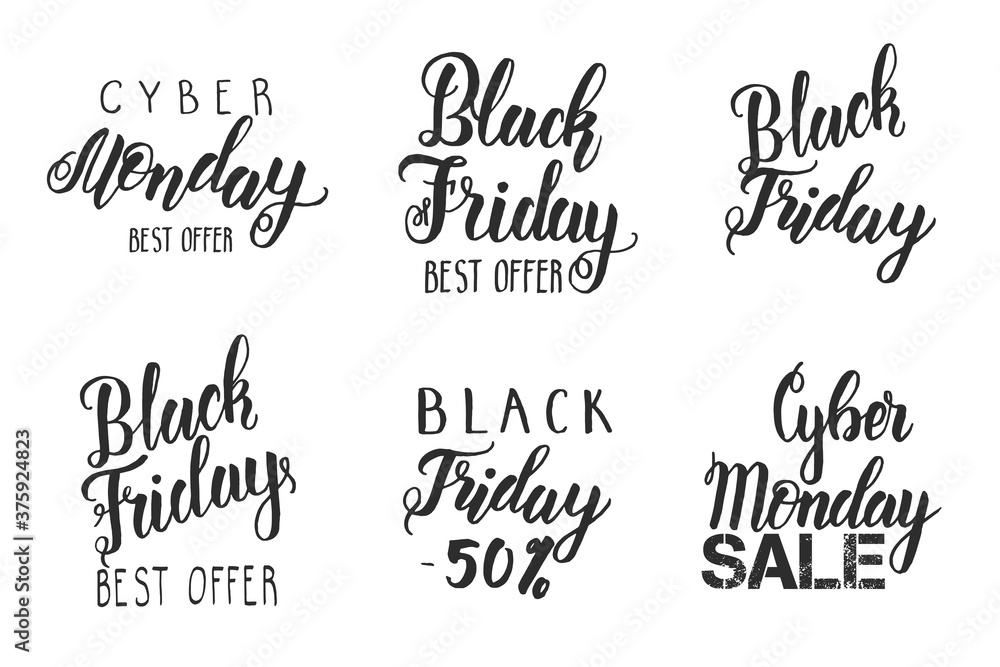 Black Friday Sale Set with Handwritten modern brush lettering of Black Friday, Cyber Monday. hand made quote. Best Offer. 50% off, 80% off Black Friday Sale Set with Handwritten modern brush lettering of Black Friday, Cyber Monday. hand made quote. Best Offer. 50% off, 80% off