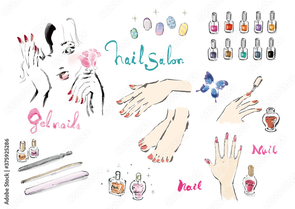 ジェルネイルやマニキュアなどの爪のお手入れのセットイラスト 手描きのお洒落ガーリーなイラスト Stock Vector Adobe Stock