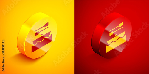 Isometric Boat with oars icon isolated on orange and red background. Water sports, extreme sports, holiday, vacation, team building. Circle button. Vector.