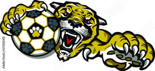 cougar soccer team mascot holding ball for school, college or league