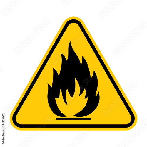 Flammable substances sign. Vector illustration of yellow triangle warning sign with flame fire inside. Attention. Danger zone. Caution flammable materials. Keep away from fire symbol.