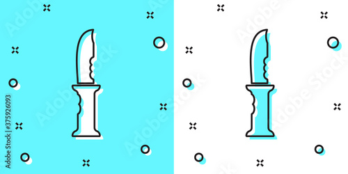 Black line Military knife icon isolated on green and white background. Random dynamic shapes. Vector.