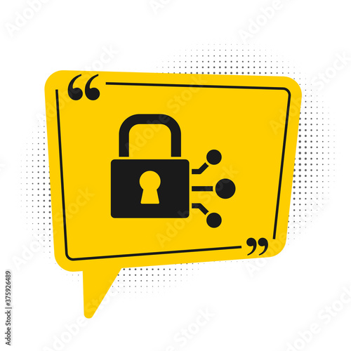 Black Lock with bitcoin icon isolated on white background. Cryptocurrency mining, blockchain technology, security, protect, digital money. Yellow speech bubble symbol. Vector.