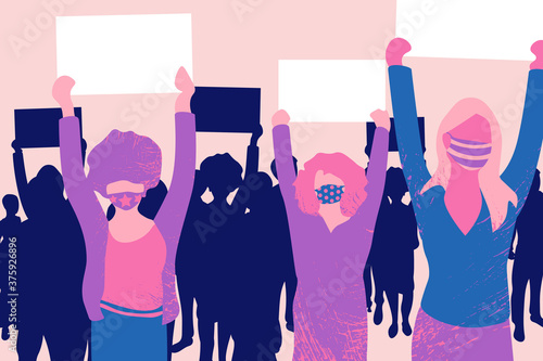Crowd of protesters people wearing stylish medical masks vector illustration. People with banners and placards. Concept of revolution or protest, diversity, women's power. 