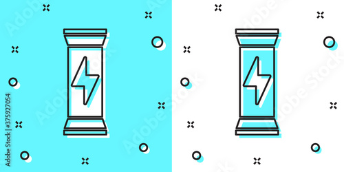 Black line Sports nutrition bodybuilding proteine power drink and food icon isolated on green and white background. Random dynamic shapes. Vector.