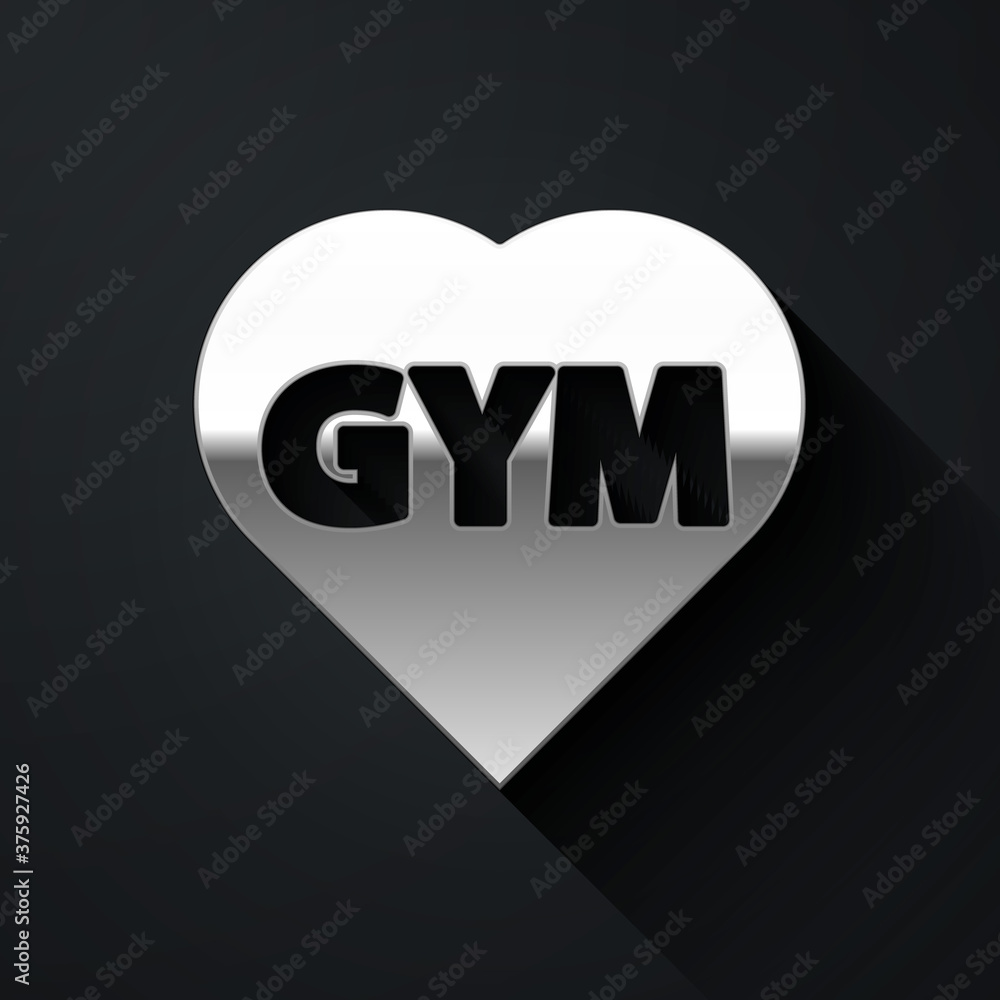 Silver Fitness gym heart icon isolated on black background. I love fitness. Long shadow style. Vector. Silver Fitness gym heart icon isolated on black background. I love fitness. Long shadow style. Vector.