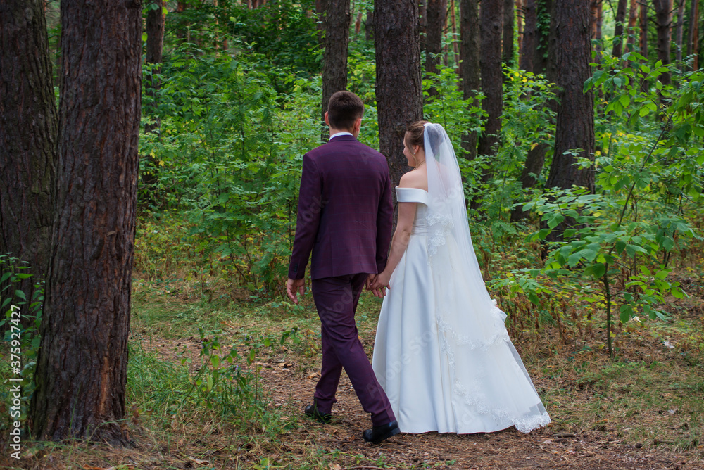bride and groom walking in the forest bride and groom walking in the forest