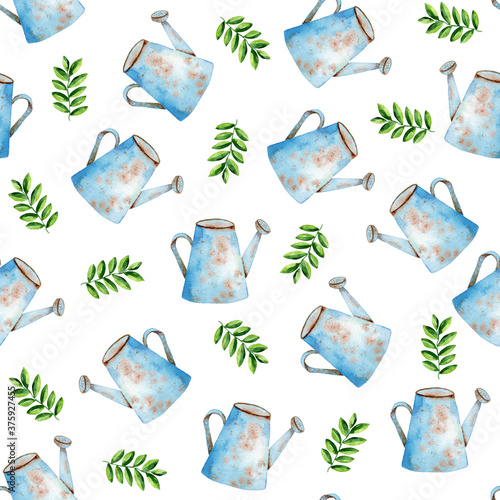 Seamless pattern with watering can and green leaves on white background. Hand drawn watercolor illustration. For textile, packaging, wallpaper, fabric, prints, wrapping paper, websites. © Svetlana