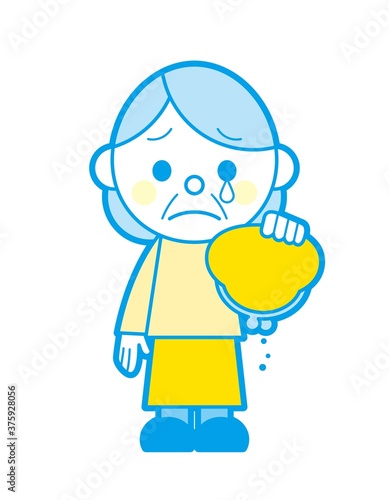 空の財布と落ち込む高齢女性 シンプルカラー