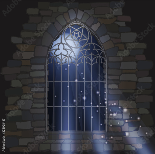 Ornate gothic window a stone house. Magic moonlight wallpaper. vector illustration