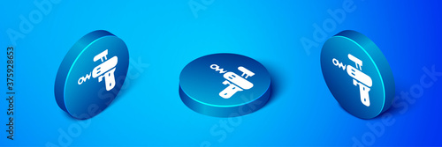 Isometric Ray gun icon isolated on blue background. Laser weapon. Space blaster. Blue circle button. Vector.