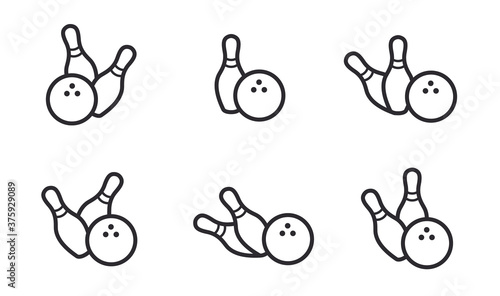 Bowling pins with ball icon. Bowling game. Bowling ball and pin icon. Simple icon skittles with ball. Logo template. Bowling club, tournaments. Sport icon.