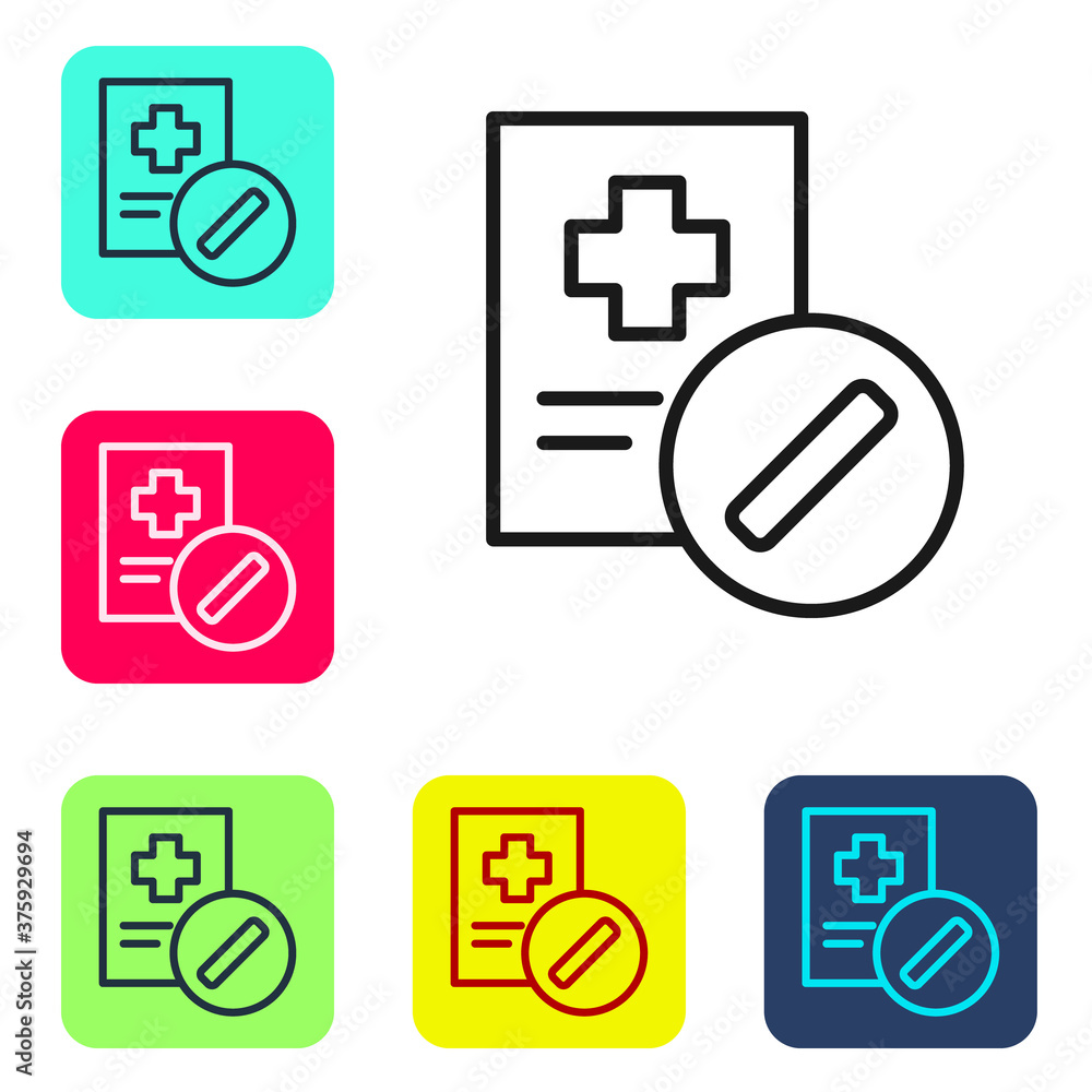 Black line Medical prescription icon isolated on white background. Rx form. Recipe medical. Pharmacy or medicine symbol. Set icons in color square buttons. Vector Illustration. Black line Medical prescription icon isolated on white background. Rx form. Recipe medical. Pharmacy or medicine symbol. Set icons in color square buttons. Vector Illustration.