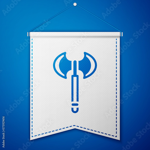 Blue Medieval axe icon isolated on blue background. Battle axe, executioner axe. Medieval weapon. White pennant template. Vector.