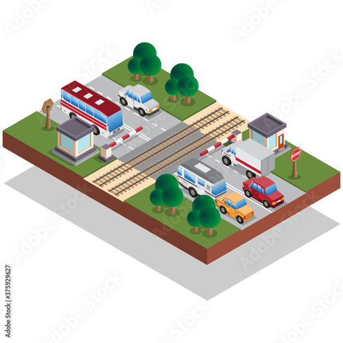 Railroad crossing. Isometric. Isolated on white background. Vector illustration.