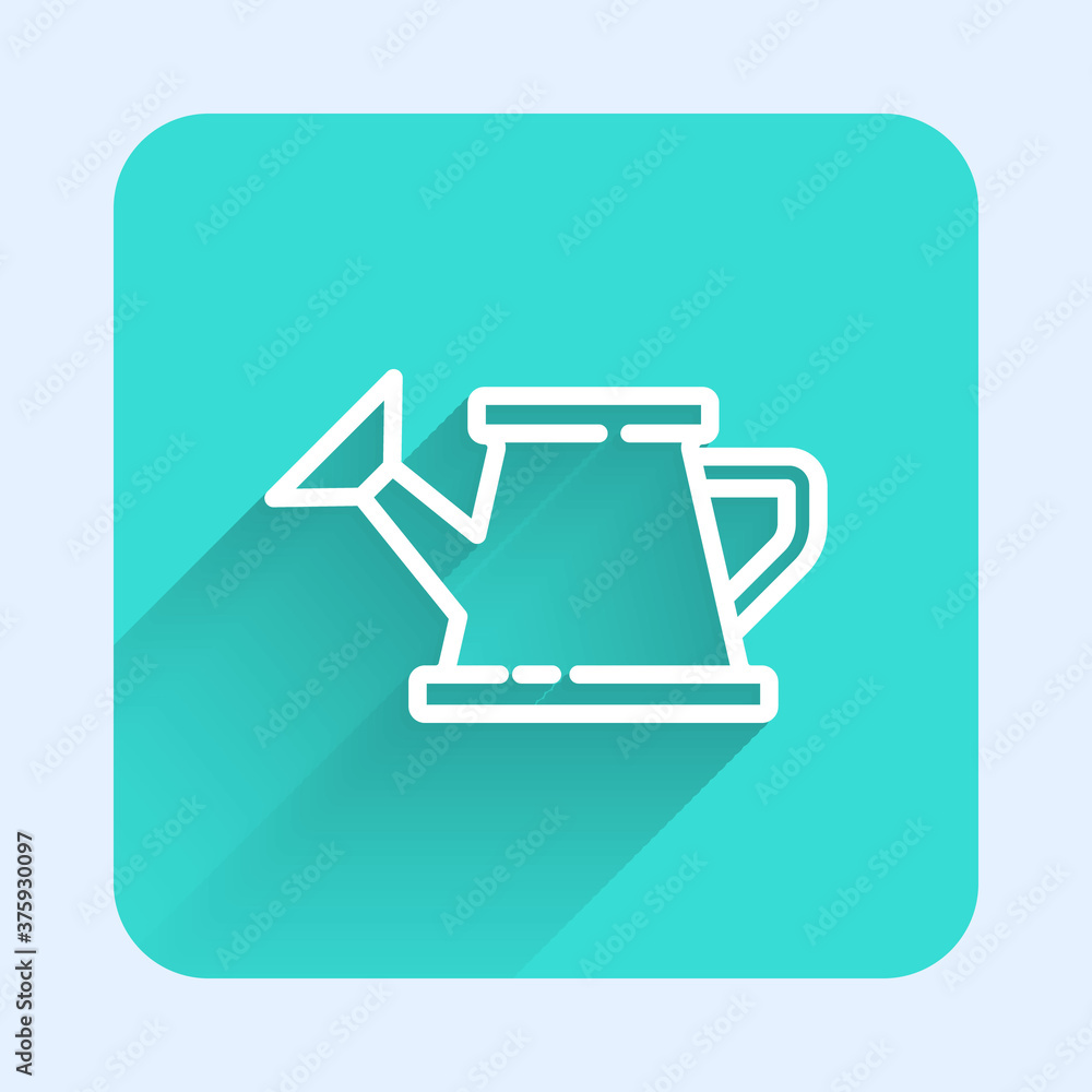 White line Watering can icon isolated with long shadow. Irrigation symbol. Green square button. Vector Illustration. White line Watering can icon isolated with long shadow. Irrigation symbol. Green square button. Vector Illustration.