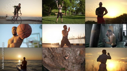 Multiscreen of active healthy people doing sports, leading active lifestyle. Split screen collage of diverse sport activities, men and women outdoors cycling, climbing, jogging, playing basketball photo