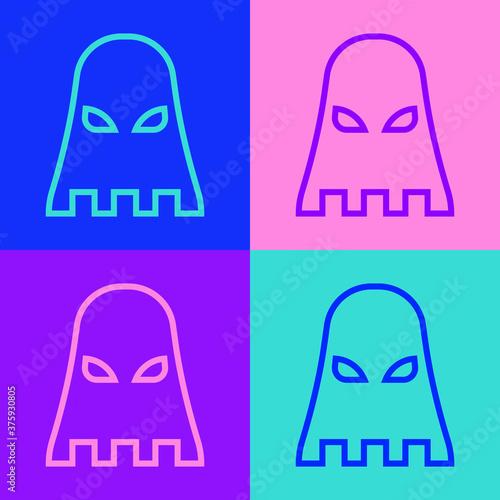 Pop art line Executioner mask icon isolated on color background. Hangman, torturer, executor, tormentor, butcher, headsman icon. Vector.