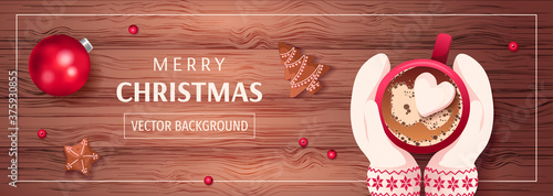 Merry Christmas and Happy New Year banner. Hands in mittens with mug. Christmas ball, cookies and berries. Vector illustration for poster, banner, card, cover, flyer.
