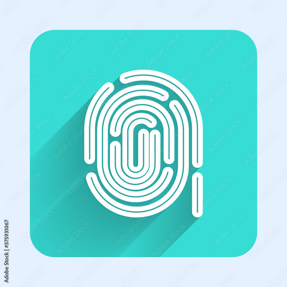 White line Fingerprint icon isolated with long shadow. ID app icon. Identification sign. Touch id. Green square button. Vector. White line Fingerprint icon isolated with long shadow. ID app icon. Identification sign. Touch id. Green square button. Vector.