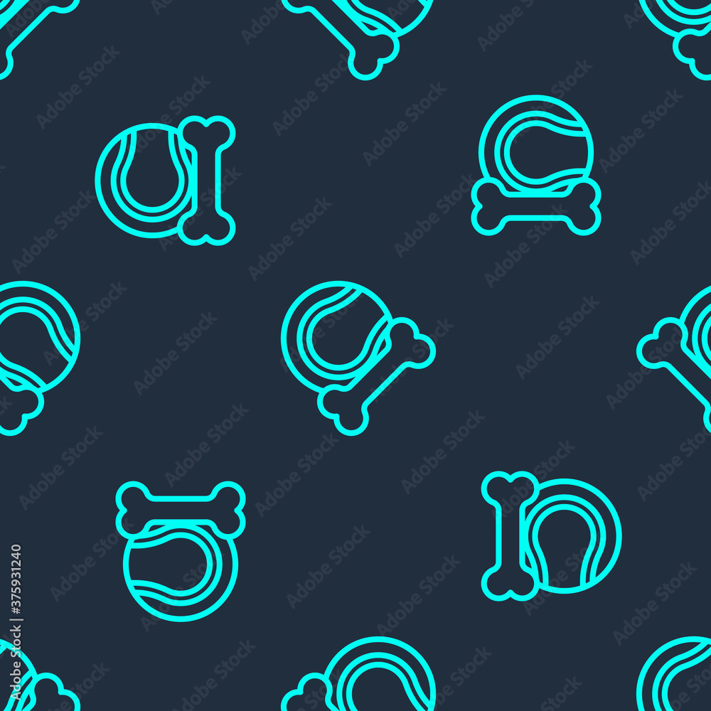 Green line Pet toys bone rubber and ball icon isolated seamless pattern on blue background. Vector. Green line Pet toys bone rubber and ball icon isolated seamless pattern on blue background. Vector.