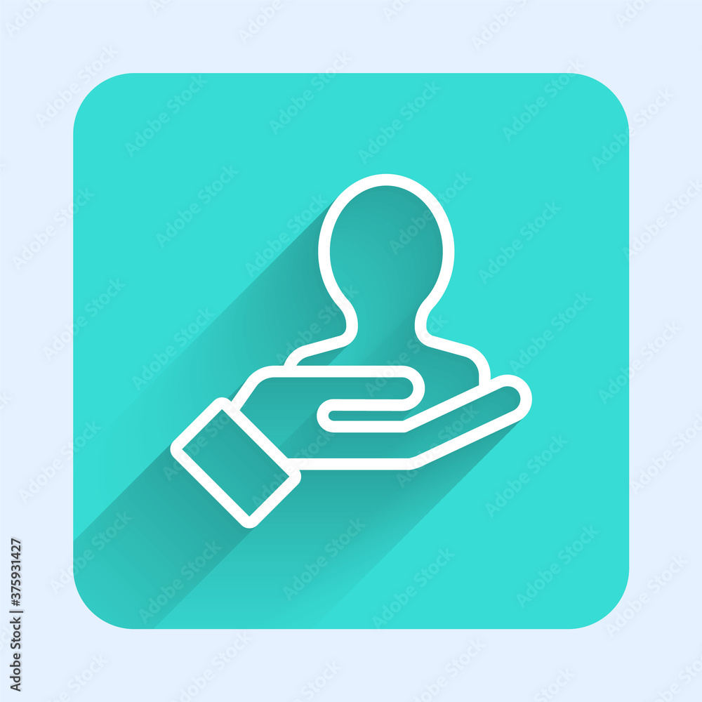 White line Hand for search a people icon isolated with long shadow. Recruitment or selection concept. Search for employees and job. Green square button. Vector. White line Hand for search a people icon isolated with long shadow. Recruitment or selection concept. Search for employees and job. Green square button. Vector.