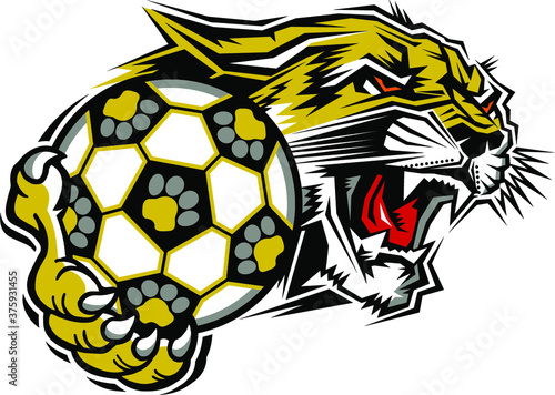 cougar soccer team mascot holding ball for school, college or league