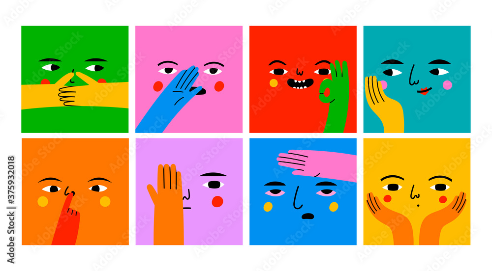 Fototapeta premium Square abstract comic Faces with various Emotions and hand gestures. Different colored characters. Cartoon style. Flat design. Hand drawn trendy Vector illustration. Every face is isolated