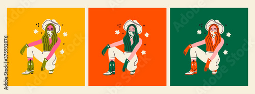 Set of three stylish young Women with a cowboy hat and bandana. Cowboy girl sitting and wearing green boots and gloves. Hand drawn colored trendy Vector illustrations