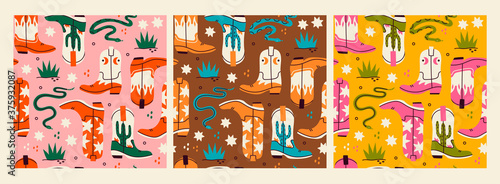 Various cowboy boots. Different ornaments. Wild West fashion style. Rattlesnake viper, stars, cactus, grass. Set of three isolated Hand drawn colored Vector seamless Patterns. Backgrounds, wallpapers