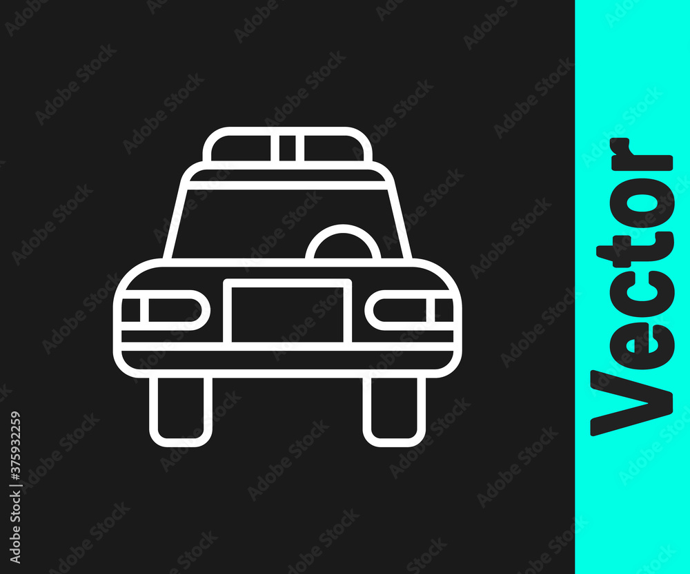 White line Police car and police flasher icon isolated on black background. Emergency flashing siren. Vector.