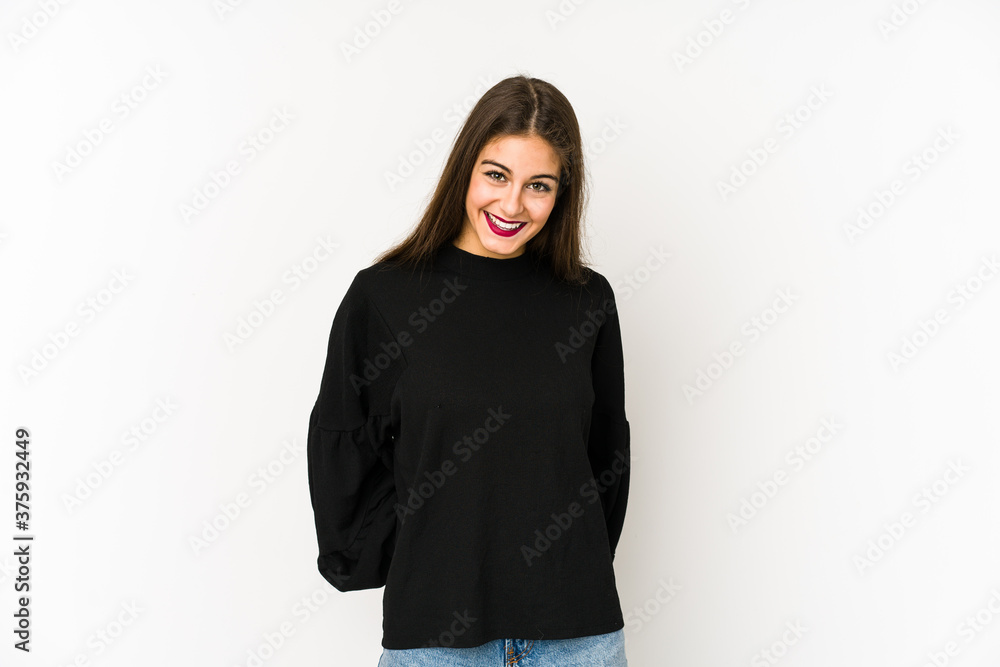 Young caucasian woman isolated on white background happy, smiling and cheerful. Young caucasian woman isolated on white background happy, smiling and cheerful.