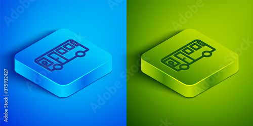 Isometric line Bus icon isolated on blue and green background. Transportation concept. Bus tour transport sign. Tourism or public vehicle symbol. Square button. Vector.