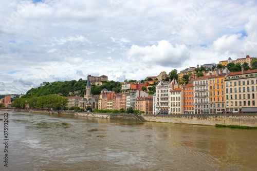 Lion, France - View from river Sona to the bridge and Lyon city