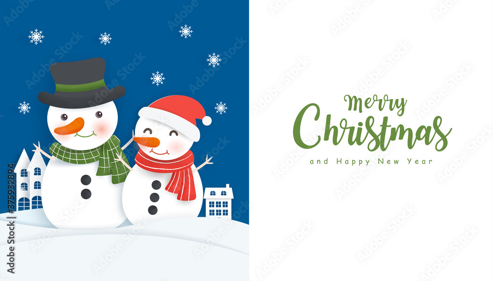 Christmas background with snoman and copy space in paper cut style.