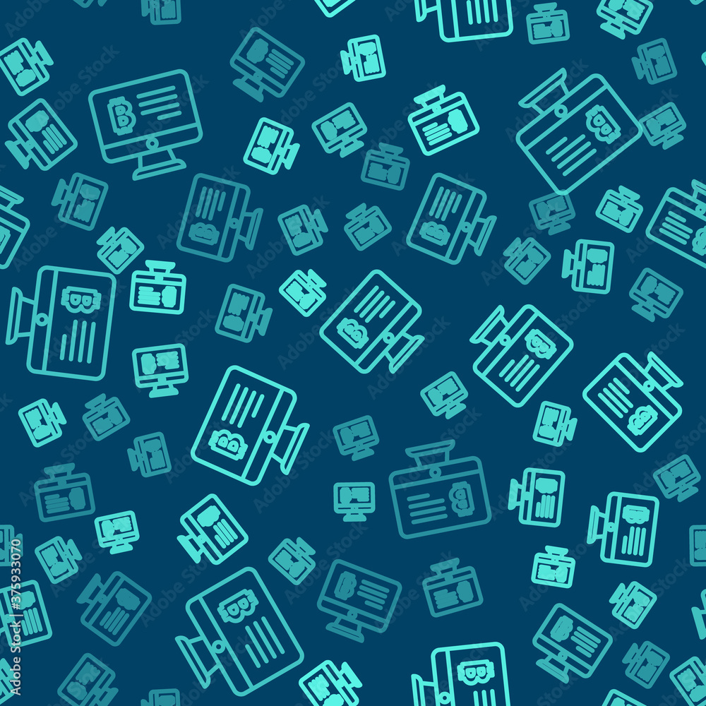 Green line Mining bitcoin from monitor icon isolated seamless pattern on blue background. Cryptocurrency mining, blockchain technology service. Vector. Green line Mining bitcoin from monitor icon isolated seamless pattern on blue background. Cryptocurrency mining, blockchain technology service. Vector.