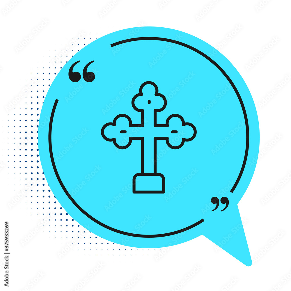Black line Christian cross icon isolated on white background. Church cross. Blue speech bubble symbol. Vector.