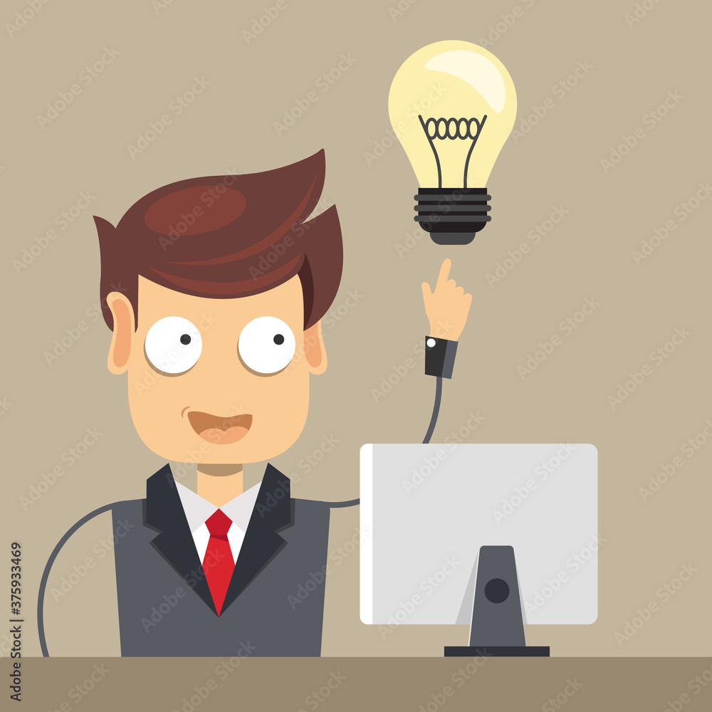 Businessman with beard pointing to bulb. Flat vector illustration