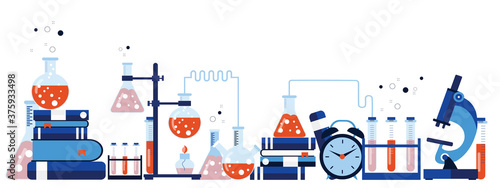 Laboratory equipment banner. Concept for science, medicine and knowledge. Flat vector illustration