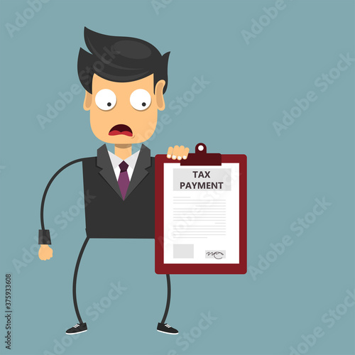 Depressed man for money with tax document. Paying taxes concept. Flat vector illustration
