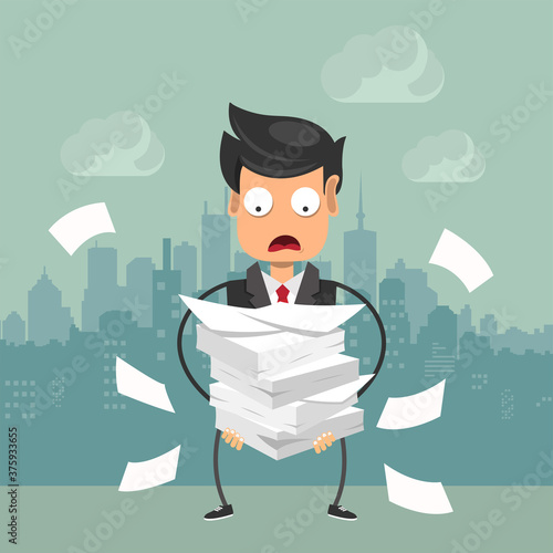 Businessman with pile of paper, business concept. Worried businessman. Deadline concept. Flat vector illustration.