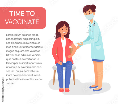 Doctor woman giving a free flu vaccination shot to the arm of a female patient. Vector isolated cartoon illustration.
