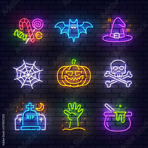 Halloween neon icons. Happy Halloween isolated icons, emblem, design template. Candy, Bat, Witch hat, Web, Pumpkin, Skull, Grave, Zombie hand, Witches bowler. Vector Illustration