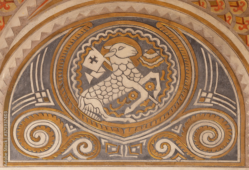 BARCELONA, SPAIN - MARCH 2, 2020: The detail of stucco ol Lamb of God in the church Parroquia Santa Teresa de l'Infant Jesus.