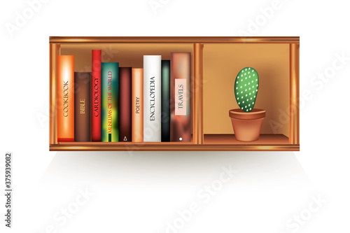 Bestseller mockup with cover stand on shelf in library or store.Realistic book volumes with empty spines and pot stand in row at rack hang on wall.