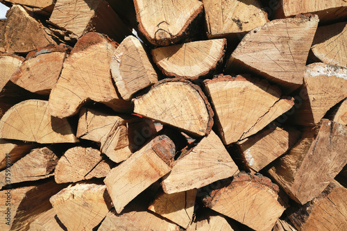 Close up view of firewood. Background of wooden logs. 