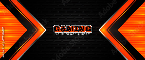 Futuristic orange and black abstract gaming banner design with metal technology concept. Vector illustration for business corporate promotion, game header social media, live streaming background