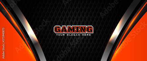 Futuristic orange and black abstract gaming banner design with metal technology concept. Vector illustration for business corporate promotion, game header social media, live streaming background