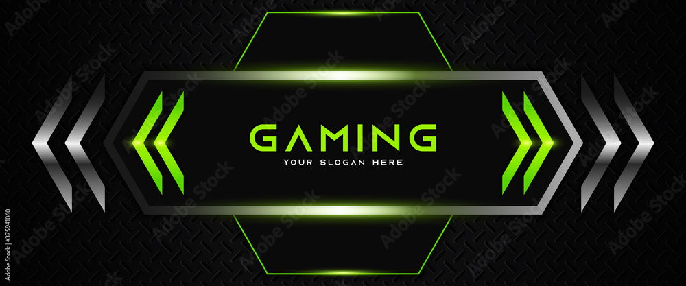 Futuristic black and green abstract gaming banner design with metal technology concept. Vector illustration for business corporate promotion, game header social media, live streaming background - obrazy, fototapety, plakaty 