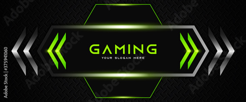 Futuristic black and green abstract gaming banner design with metal technology concept. Vector illustration for business corporate promotion, game header social media, live streaming background